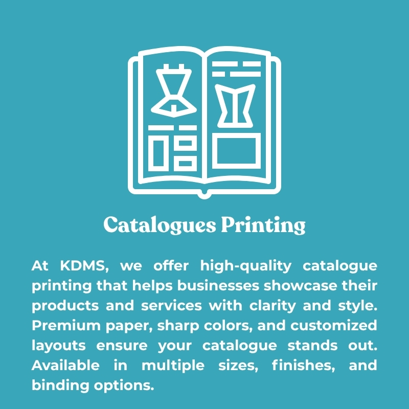 KDMS catalogue printing service with an illustrated open catalogue icon and text highlighting premium printing features