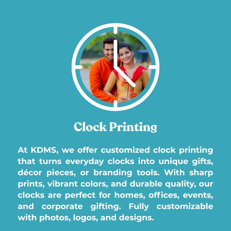 Customized clock printing by KDMS featuring a printed clock with a couple's photo inside and service details below