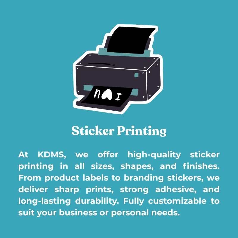 KDMS sticker printing service showcasing high-quality custom stickers for branding, packaging, and personal use